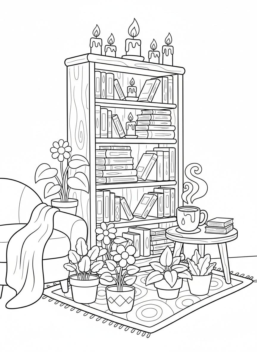 A candlelit bookshelf filled with books, surrounded by potted plants and a steaming cup of tea on a small table.