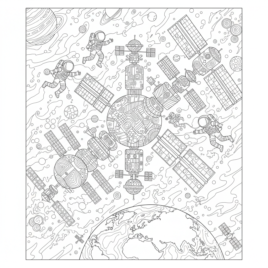 An enormous space station with astronauts floating around it.