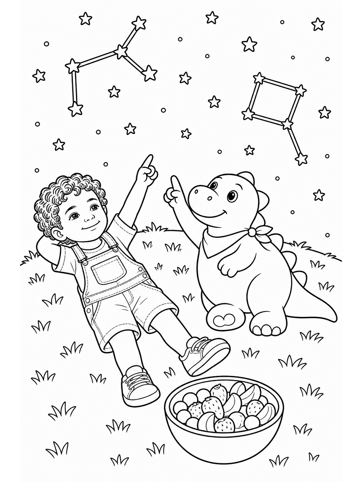 @avery and @sprout lying on a grassy hill under a starry sky, pointing at constellations and sharing a big bowl of fruity snacks.