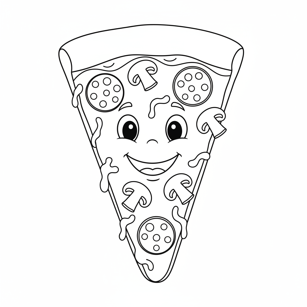 A friendly pizza slice with a big smile, topped with pepperoni and mushrooms.