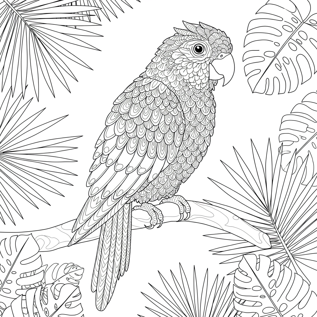 A cheerful parrot sitting on a branch, surrounded by tropical leaves.