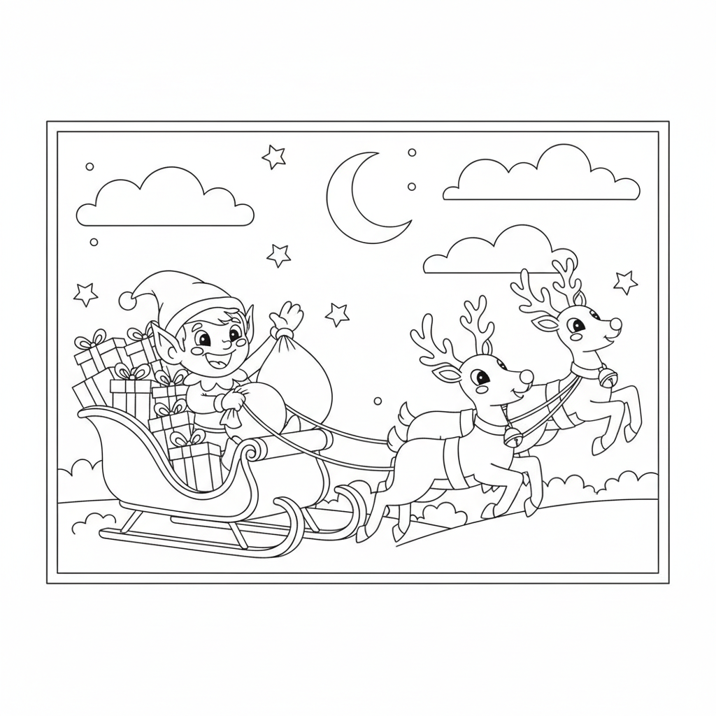 Jingle the curious elf joyfully delivering gifts on a sleigh pulled by playful reindeer.