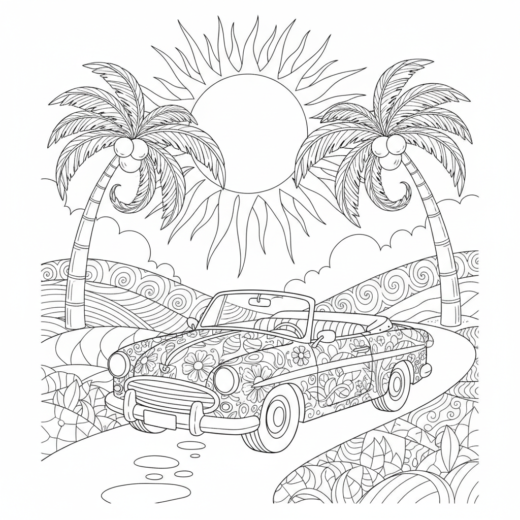 A cheerful convertible parked under a sunny sky with palm trees nearby.