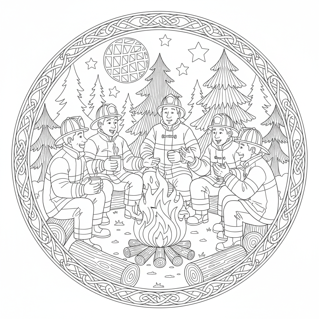 A group of firefighters gathered around a campfire sharing stories.