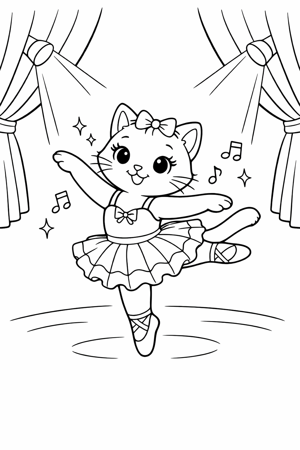 a cat dressed as a ballerina, performing on stage with a spotlight