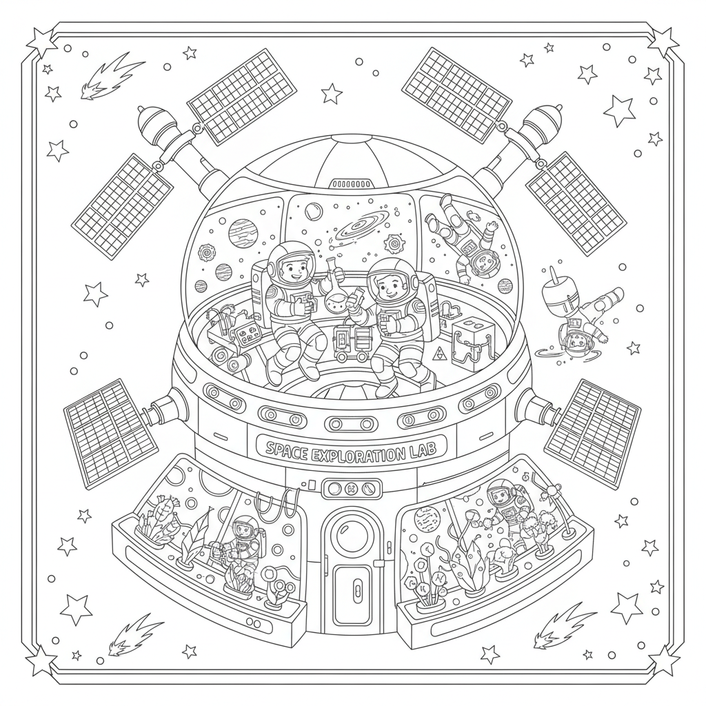 A space station with astronauts conducting experiments and enjoying the view of distant stars.
