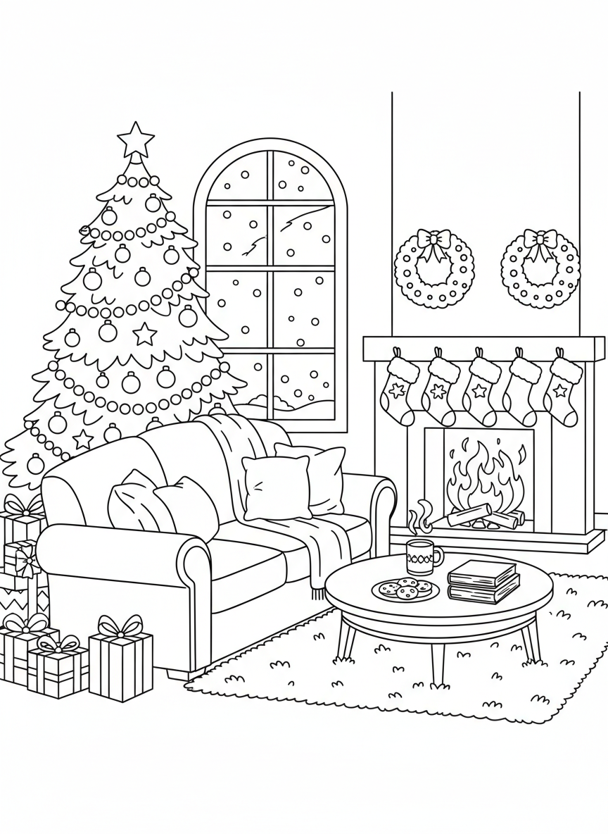 A living room decorated for the holidays with stockings and a lit tree