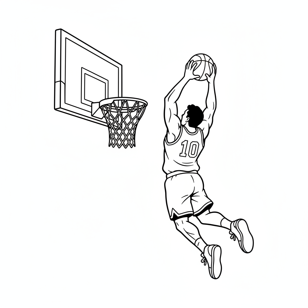A basketball player jumping high to make a slam dunk into a hoop.