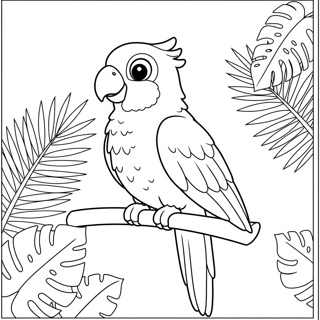 A cheerful parrot sitting on a branch, surrounded by tropical leaves.