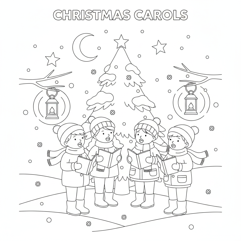 Children singing carols under a starry sky, with snow gently falling around them and lanterns glowing.