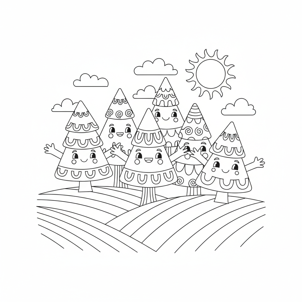 A group of cheerful pine trees standing together on a hillside.