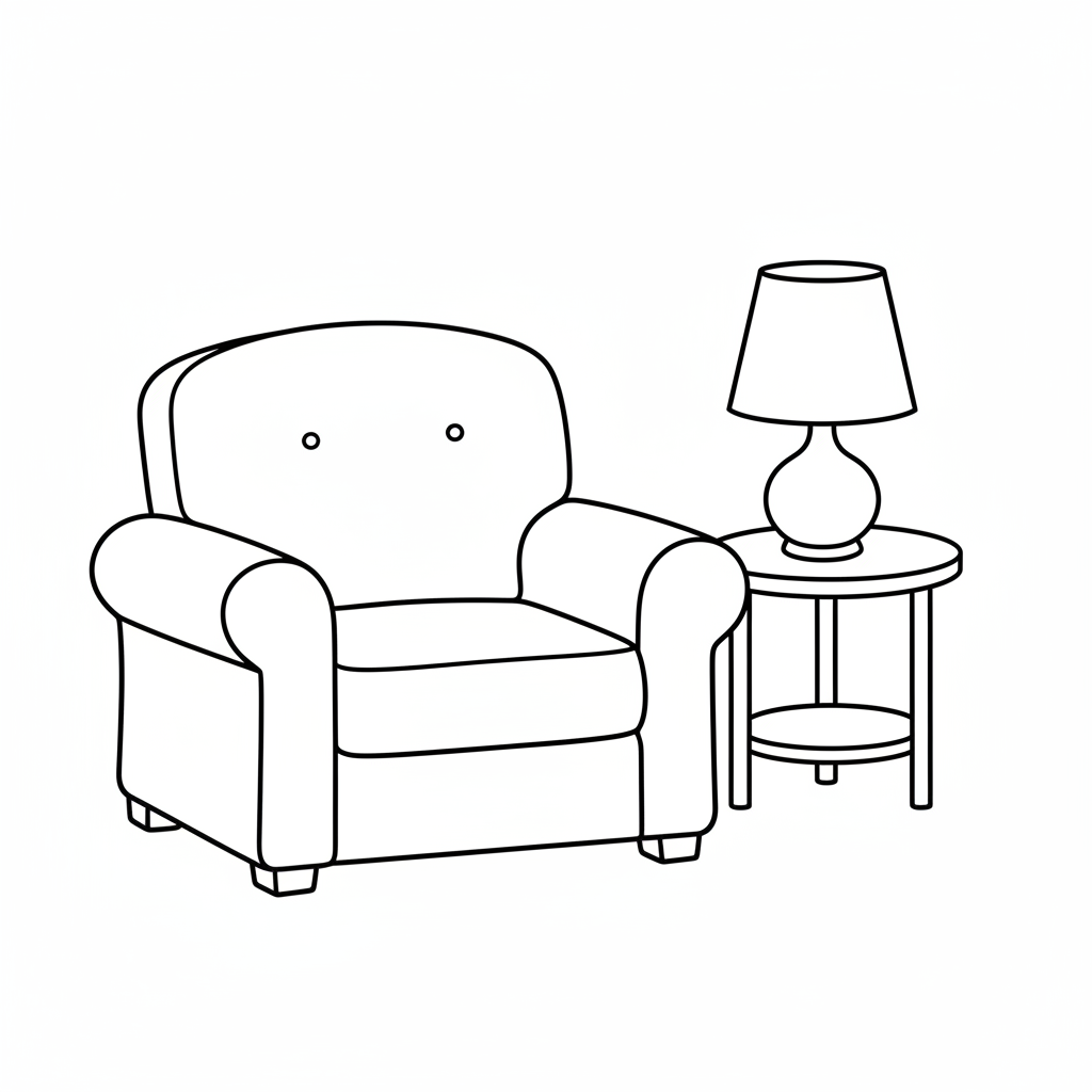 A cozy armchair with fluffy cushions and a little side table with a lamp.