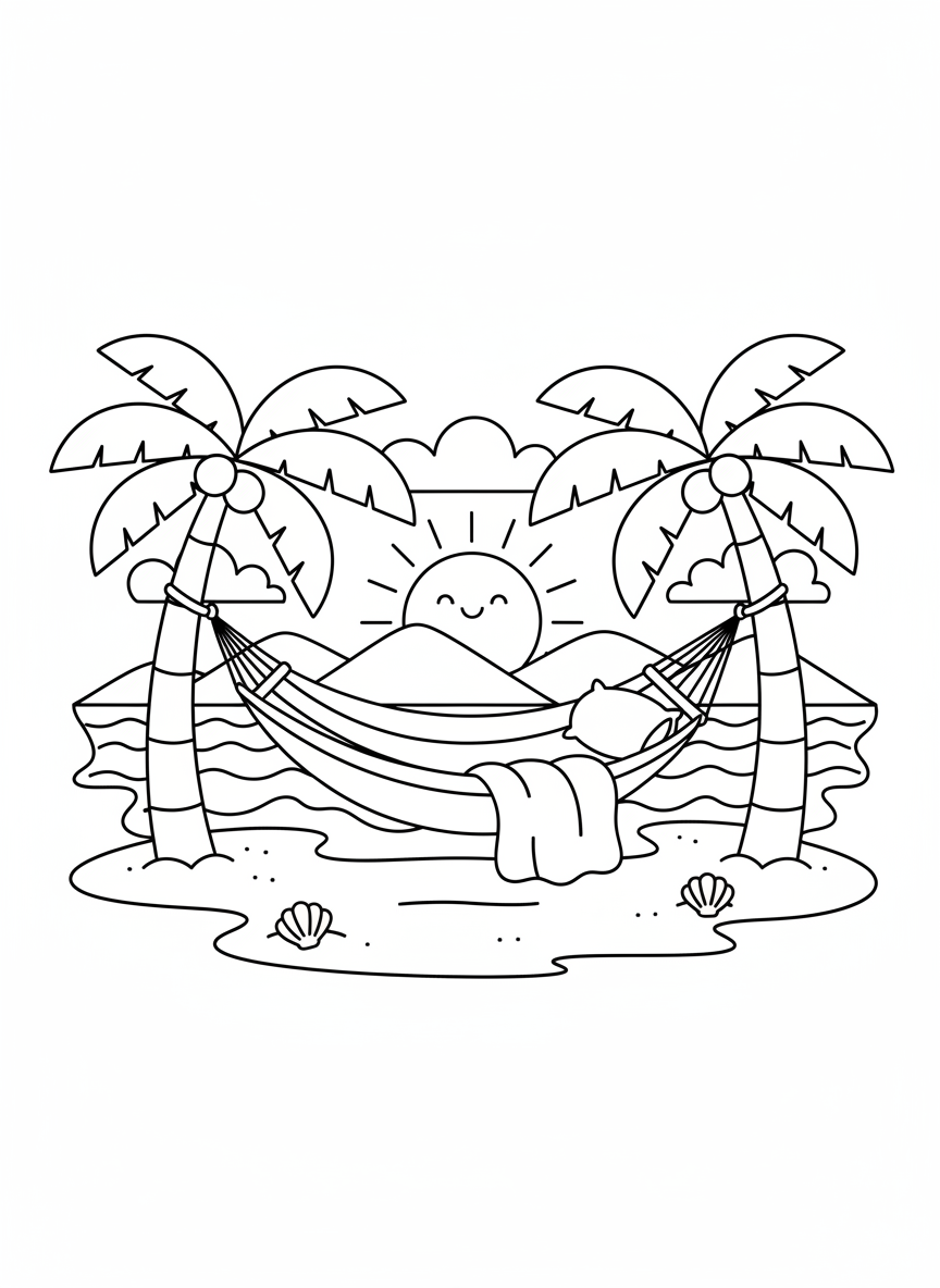 sunny beach with a hammock between palm trees