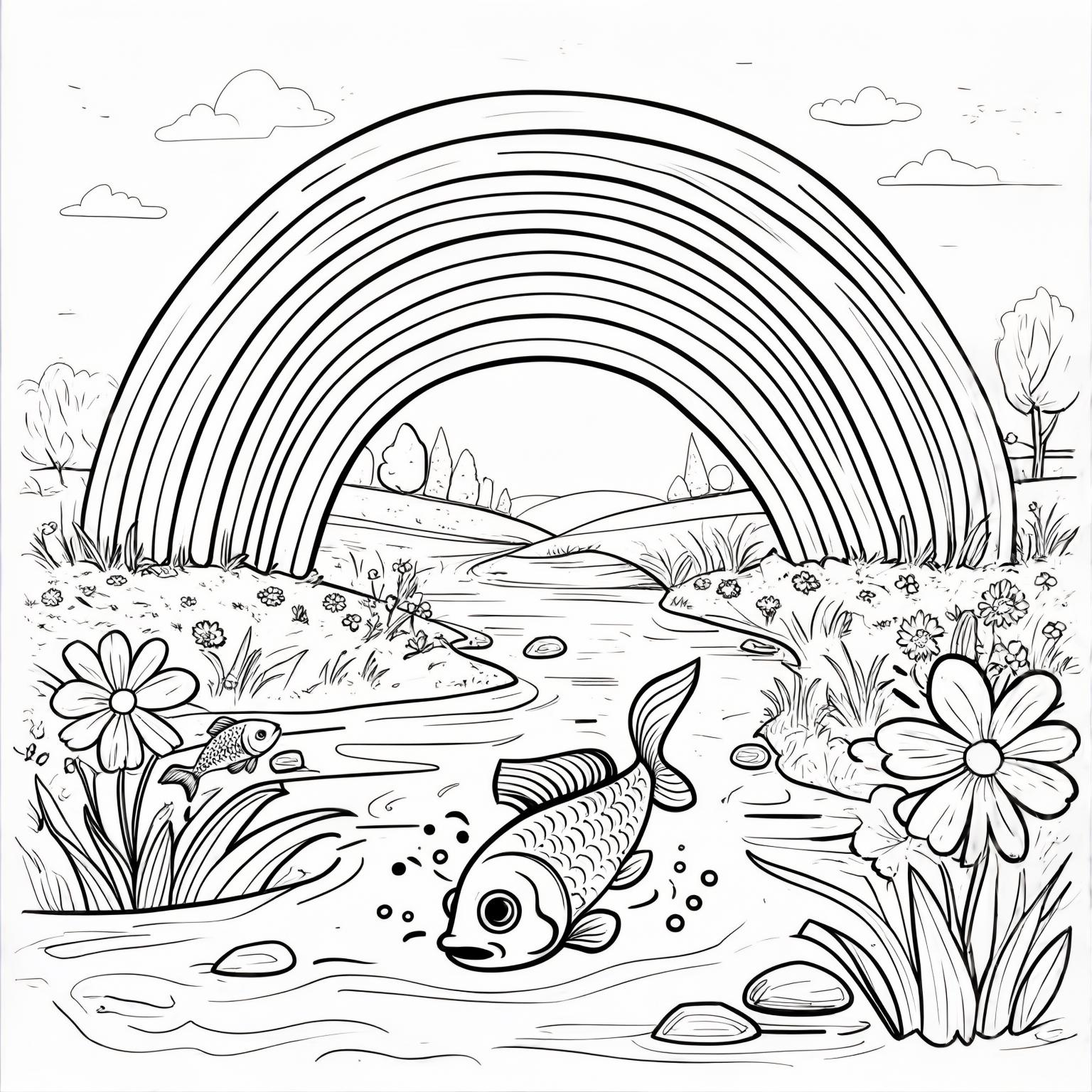A sparkling rainbow river flowing through a meadow with playful fish jumping out.