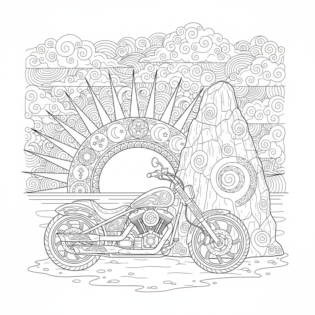 A cool motorcycle parked next to a giant rock with a sunset in the background.