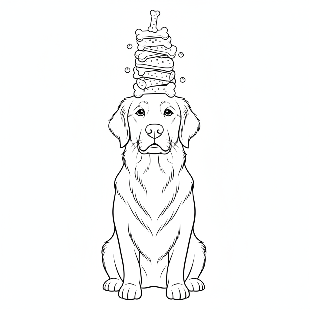 A golden retriever balancing a tower of treats on its nose, looking very focused.