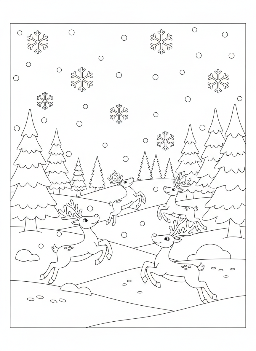 A snowy forest scene with playful reindeer leaping around and snowflakes falling gently.