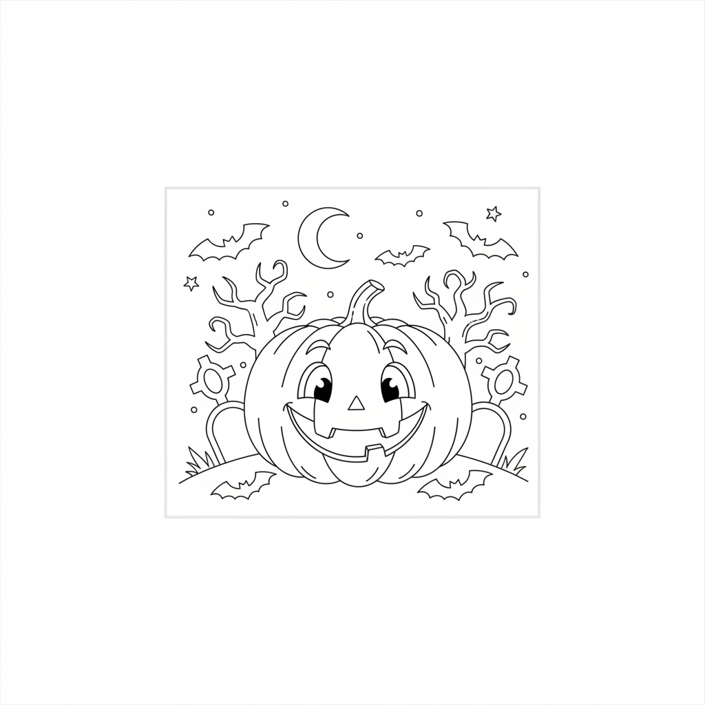 A cheerful pumpkin with a big smile sitting in a spooky graveyard surrounded by bats.