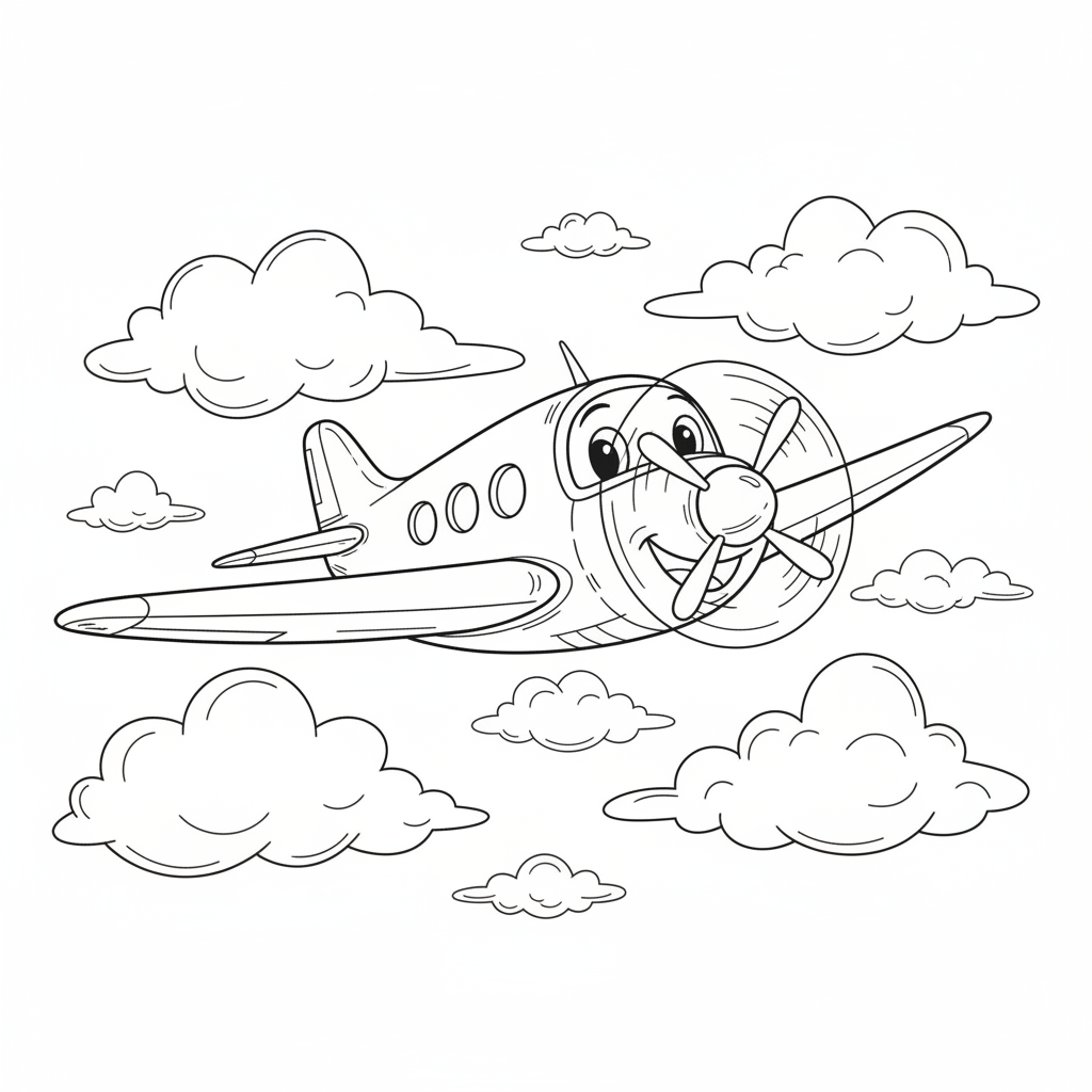 A cheerful airplane soaring high above fluffy clouds with a big smile on its nose.