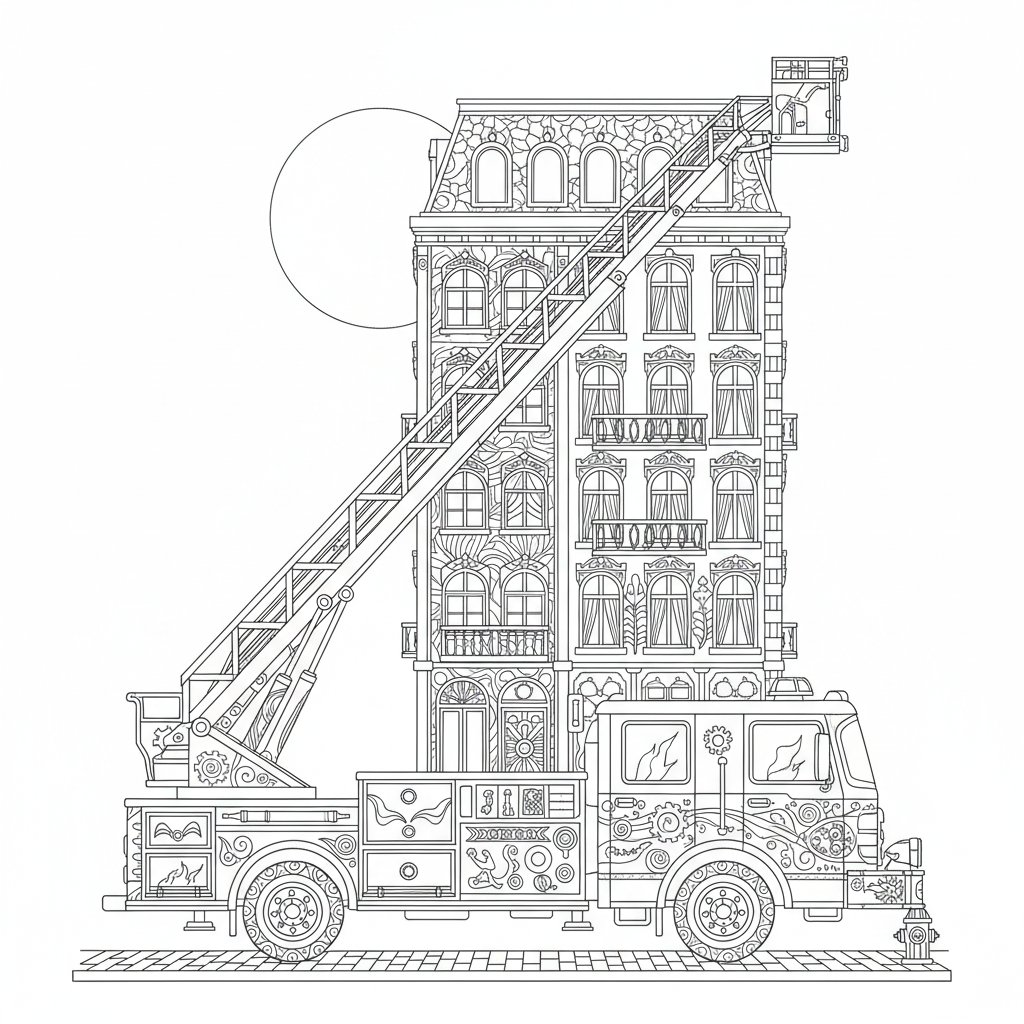 A big red fire truck with a ladder extended towards a tall building.