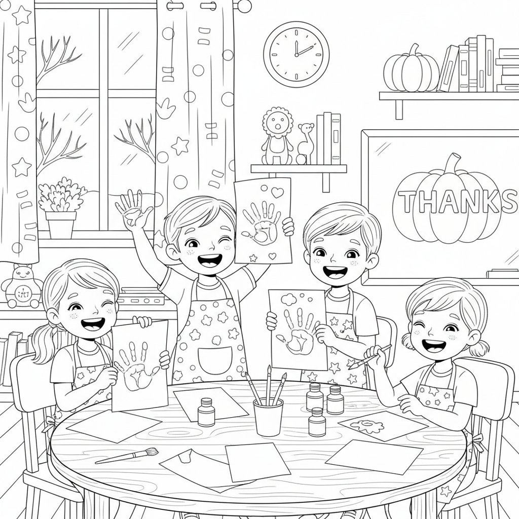 A group of children making handprint turkeys with smiles on their faces.