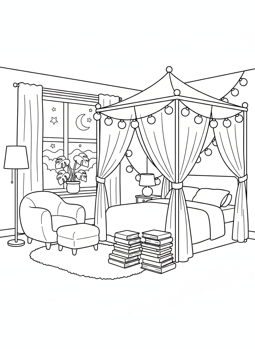 A bedroom with string lights, a canopy bed, and stacked books on the floor