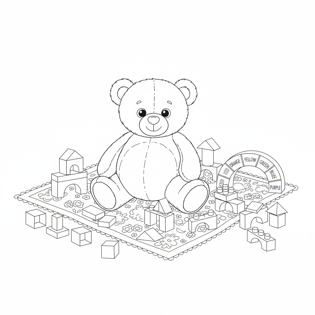 A teddy bear sitting on a blanket with a rainbow of toy blocks scattered around.