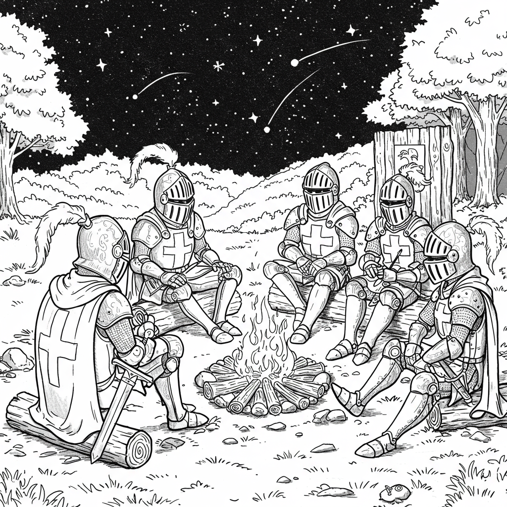 A group of knights gathered around a campfire sharing stories under the stars.