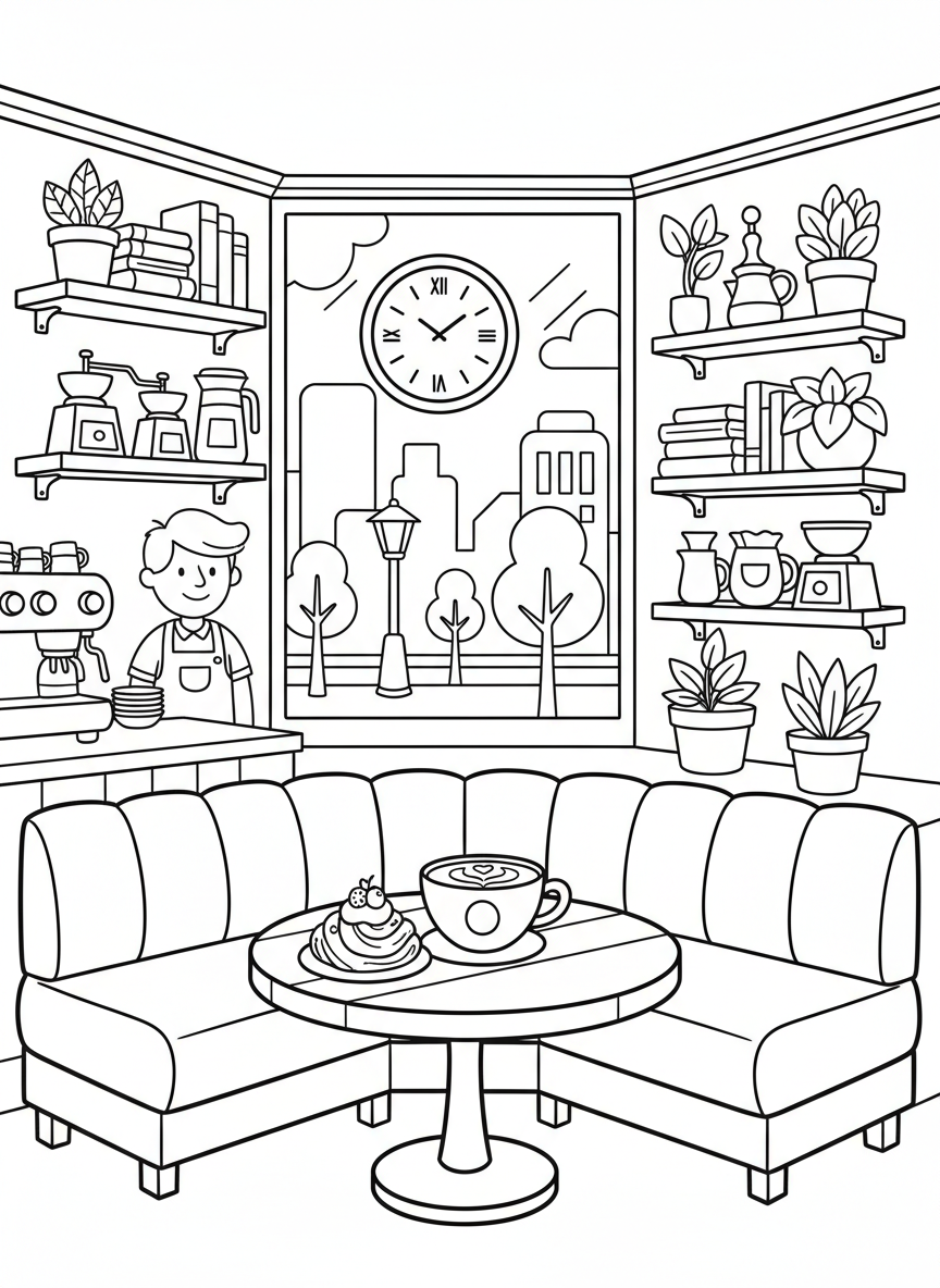 A corner booth in a coffee shop with a latte and a pastry