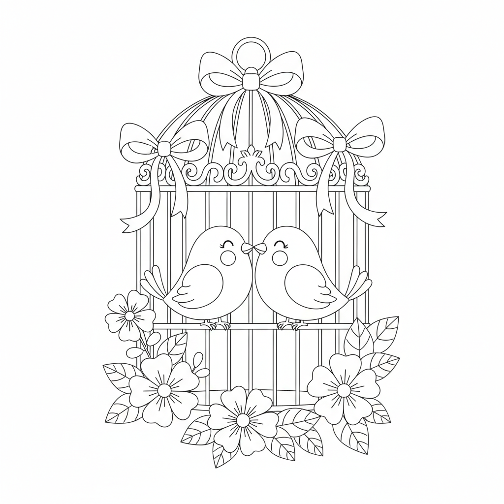 Lovebirds in a birdcage decorated with ribbons and flowers