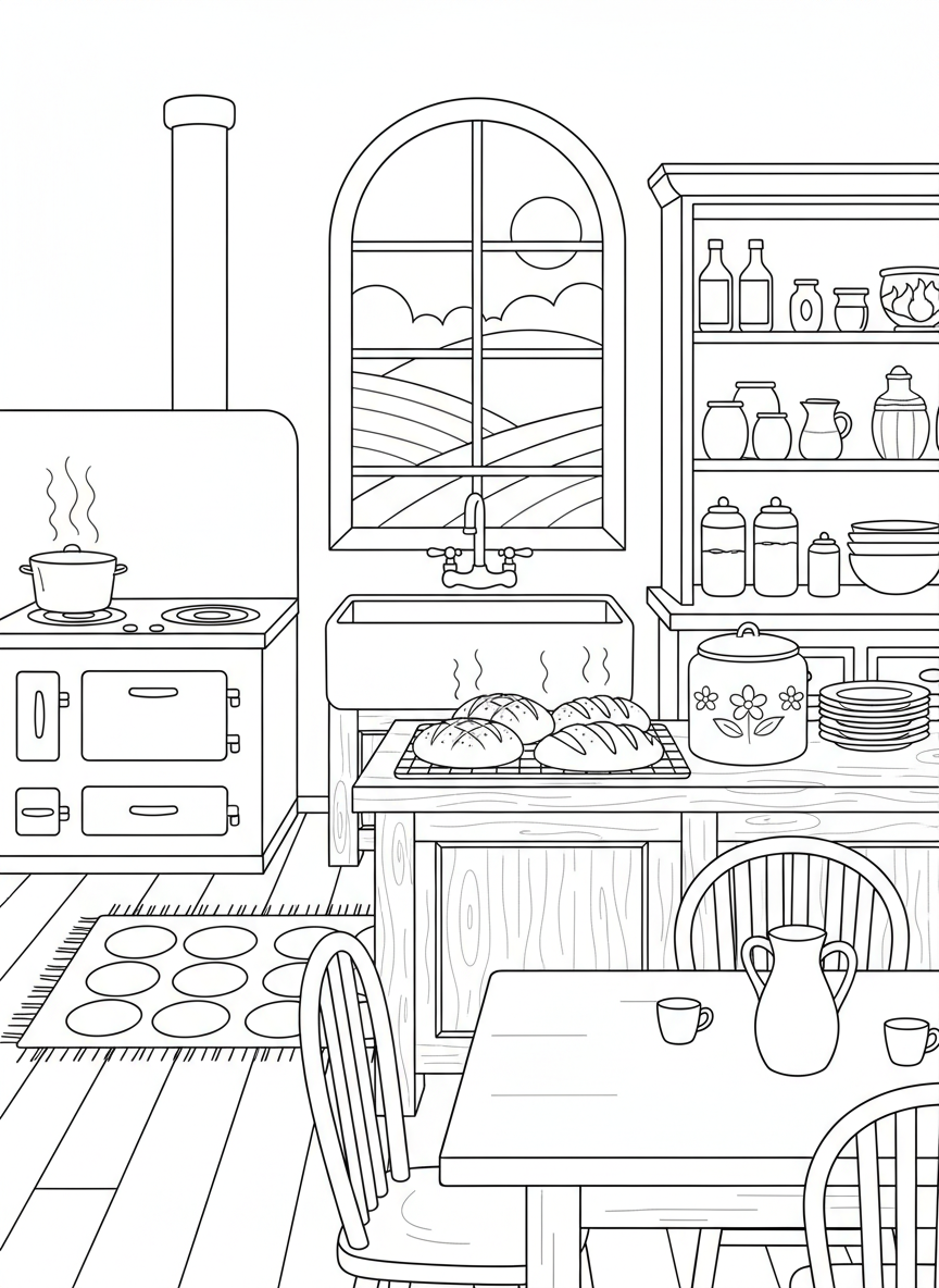 A farmhouse kitchen with fresh bread cooling on the counter