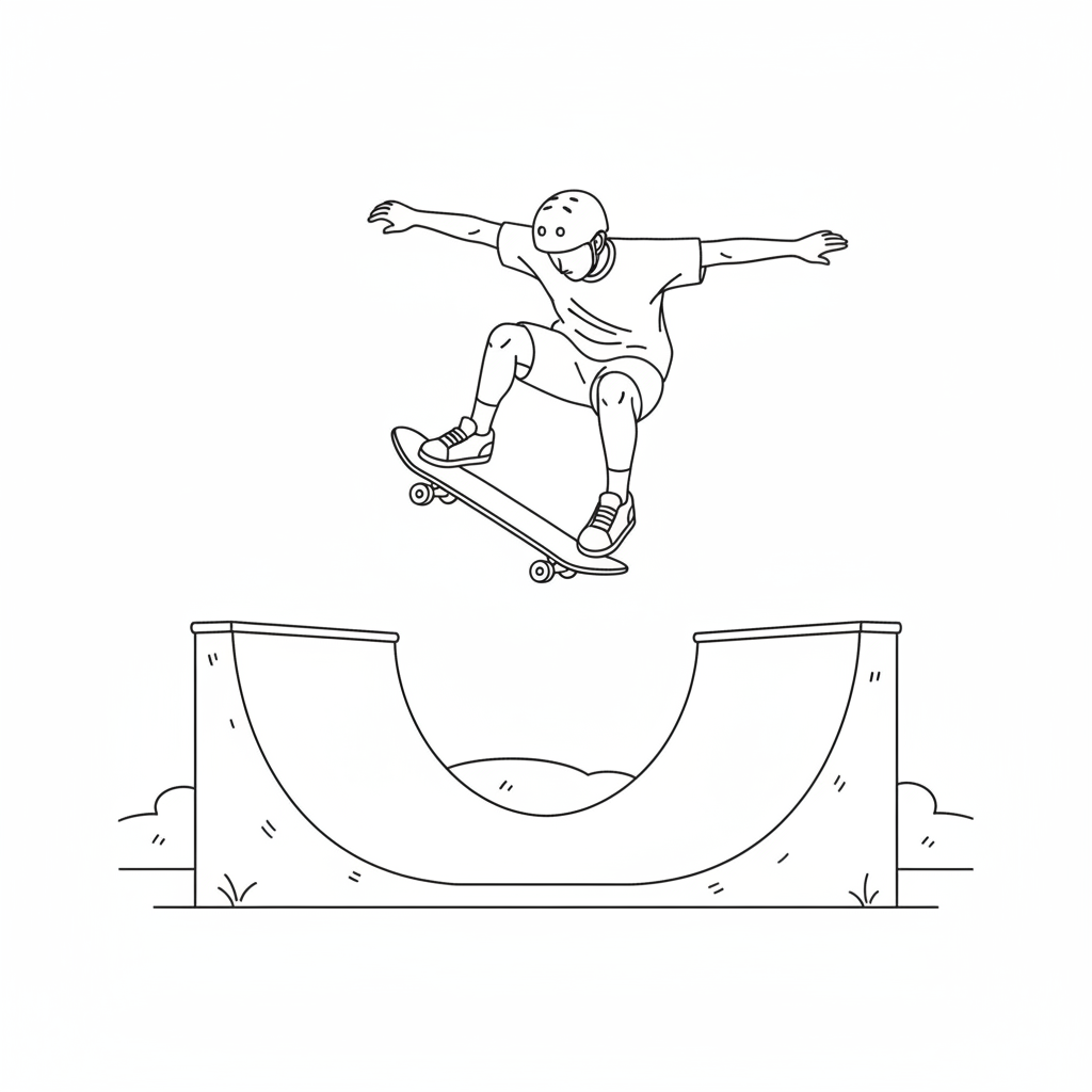 A skateboarder performing a trick mid-air above a half-pipe ramp.
