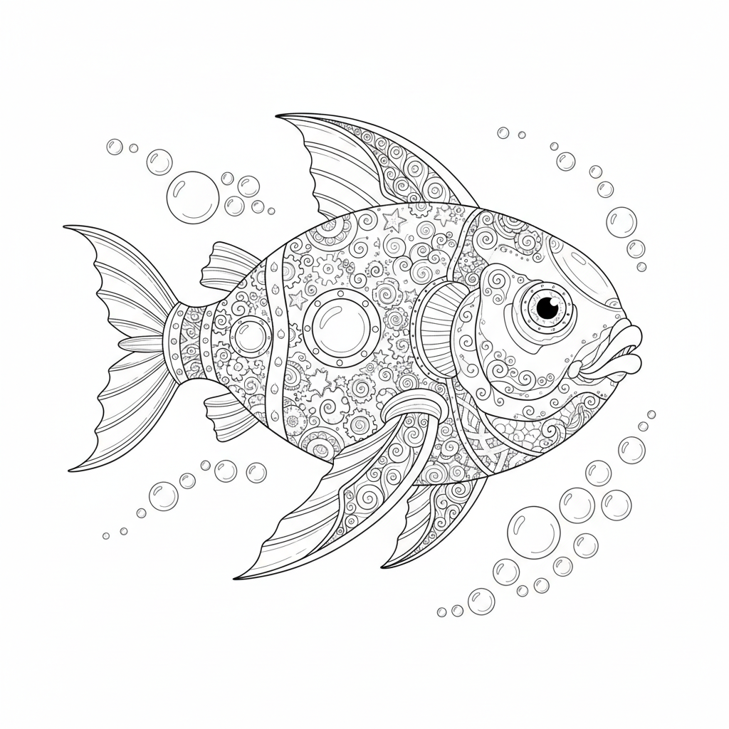 A whimsical spaceship shaped like a fish with fins and bubbles.