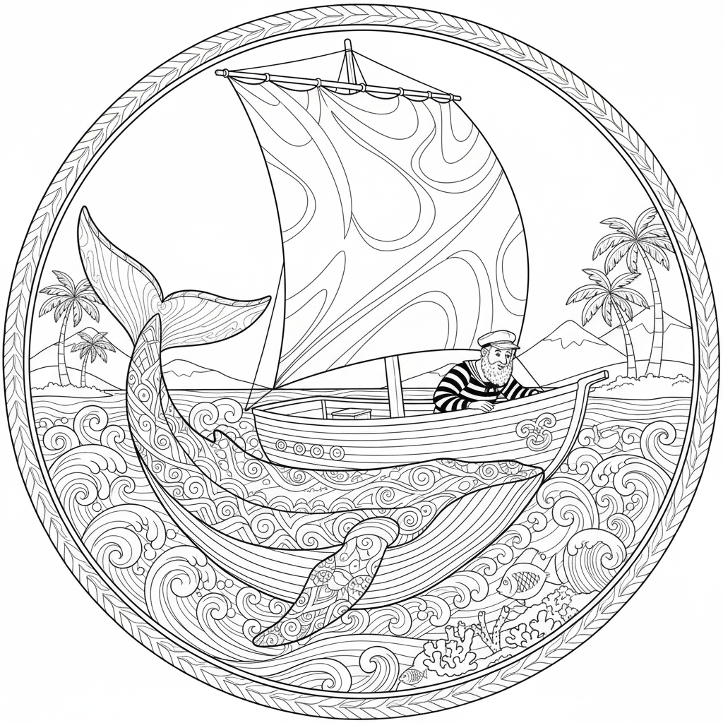 A majestic whale swimming near a boat with a sailor looking over the edge.