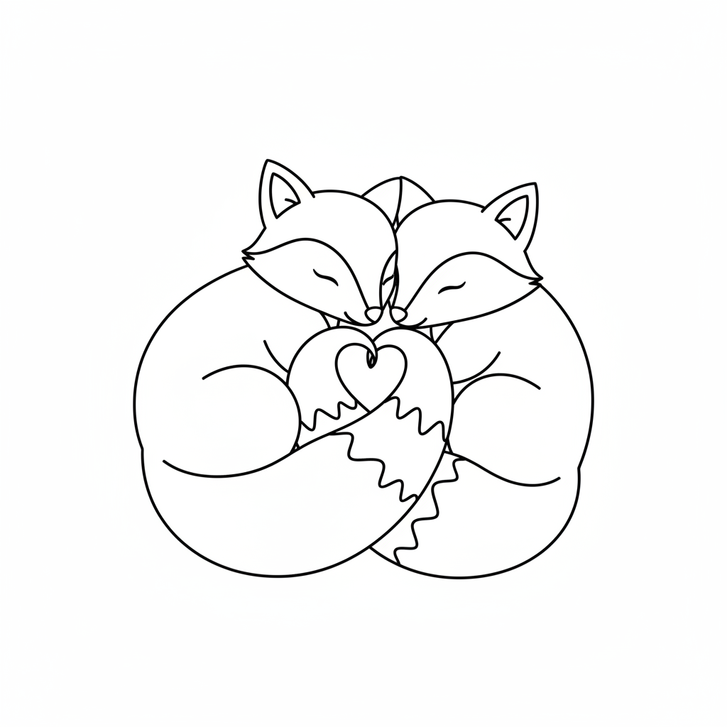 Foxes curled up together, tails intertwined