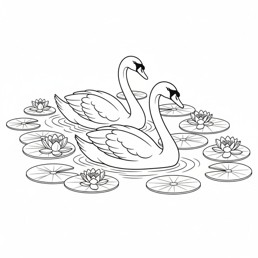 Swans swimming side by side surrounded by water lilies