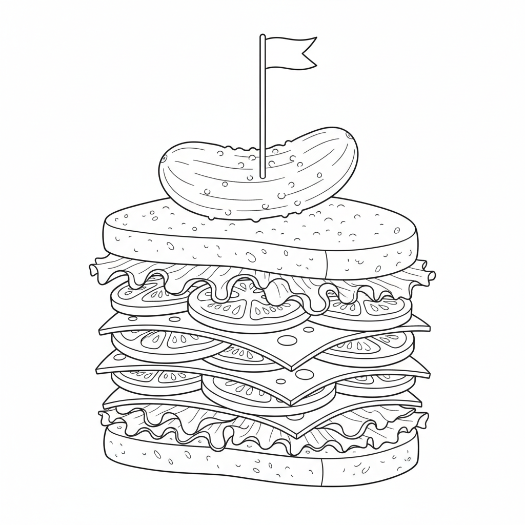 A giant sandwich stacked high with layers of lettuce, tomato, cheese, and a pickle on top.
