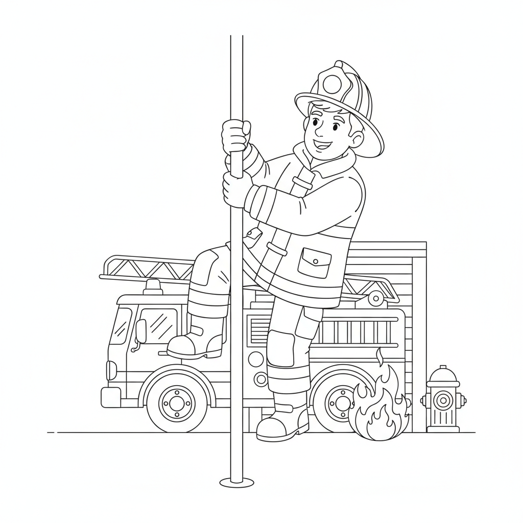 A brave firefighter sliding down a shiny fire pole ready for action.