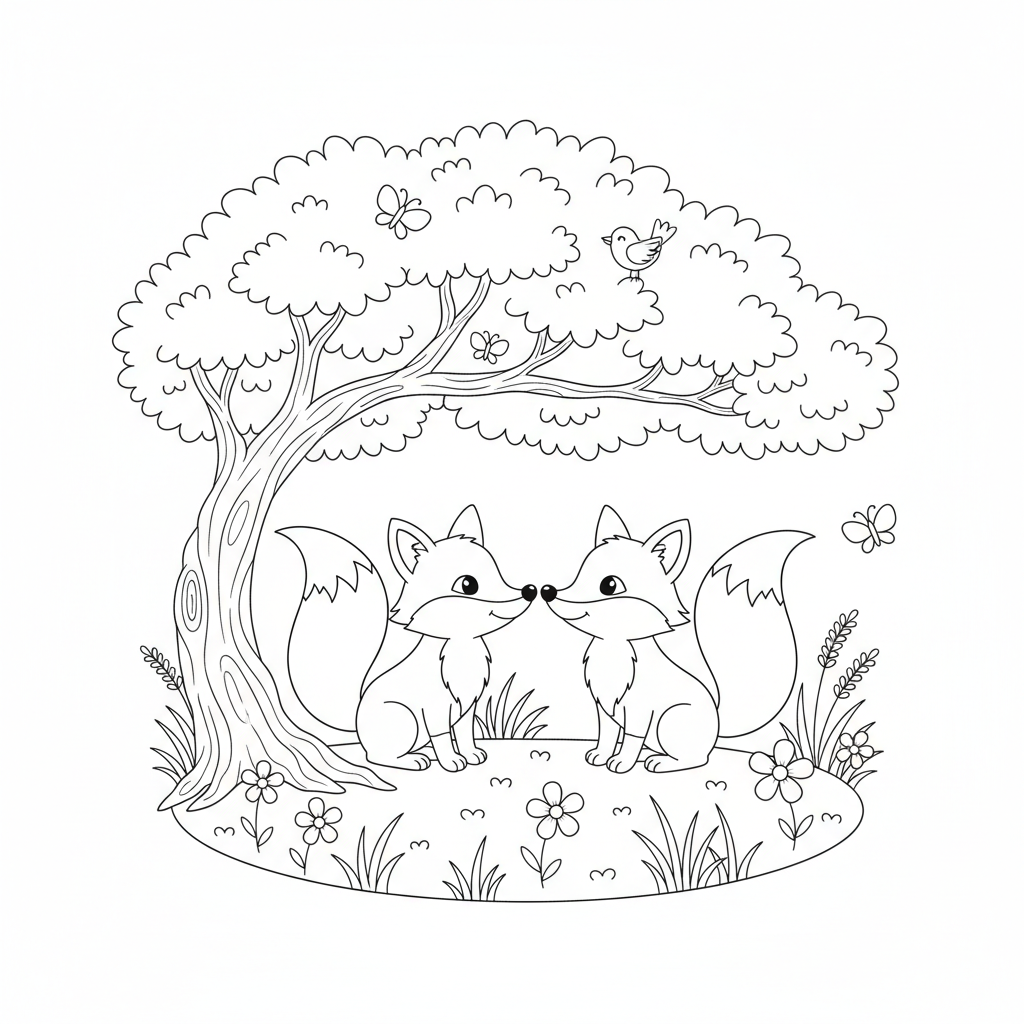 Fox couple touching noses under a tree