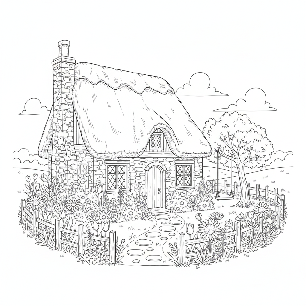 A cozy cottage with a thatched roof and a garden full of flowers.