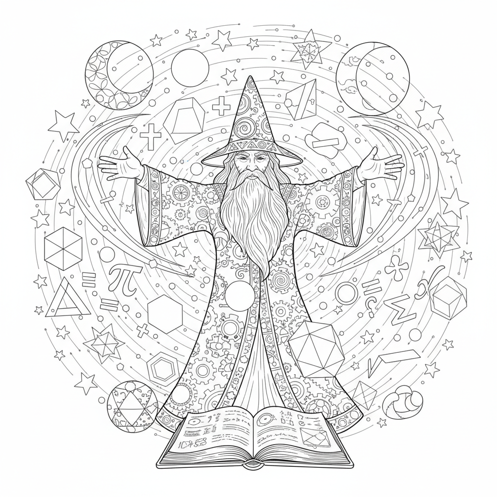 A friendly math wizard casting spells with various shapes and symbols flying around.