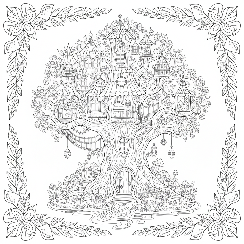 A whimsical treehouse nestled among the branches of a large tree.