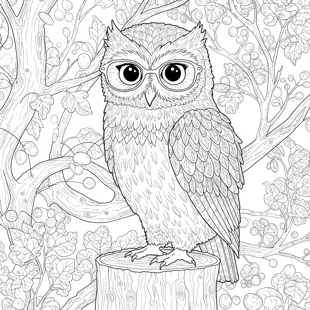 A wise old owl perched on a tree trunk, wearing cute glasses.