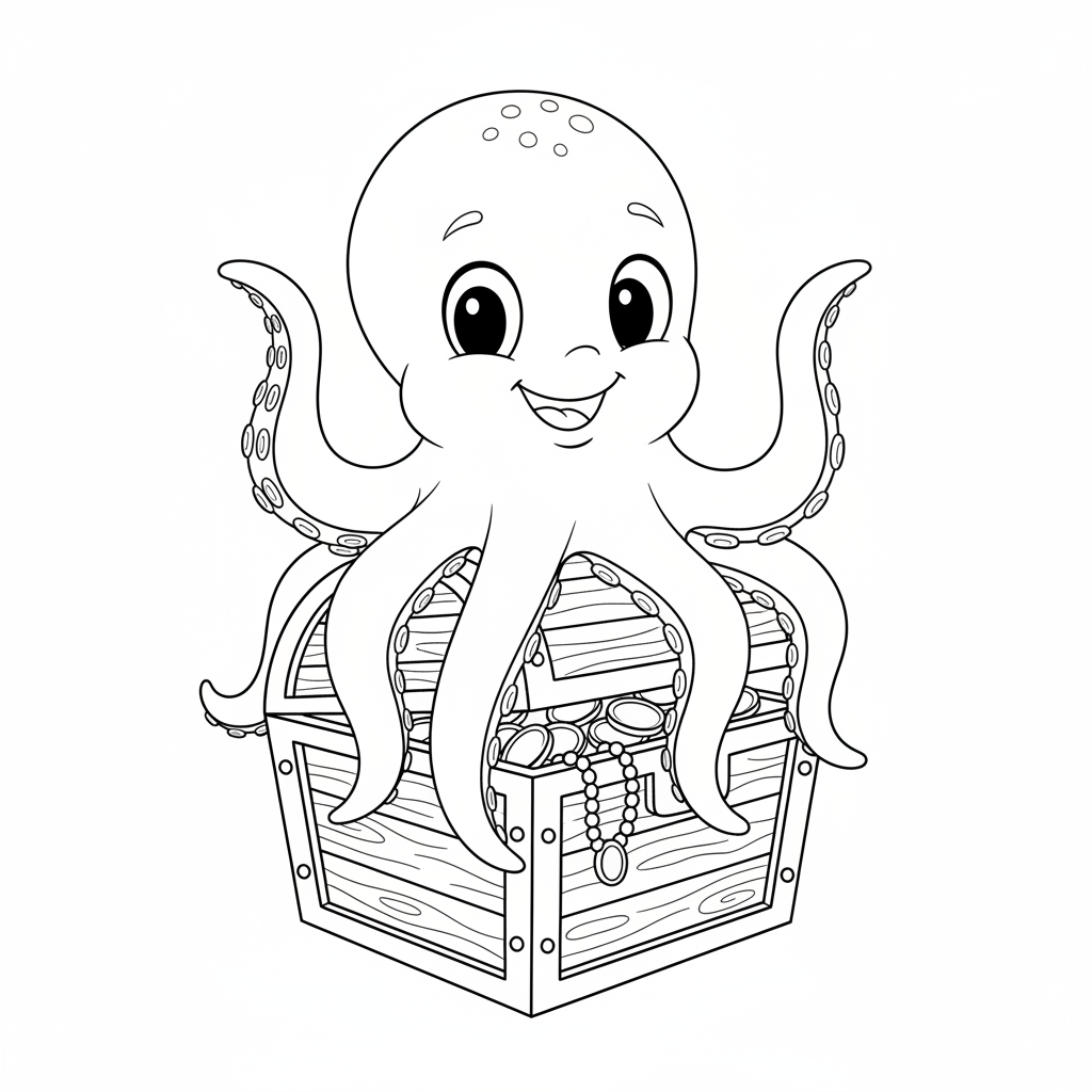 A friendly octopus waving its tentacles while sitting on a treasure chest.