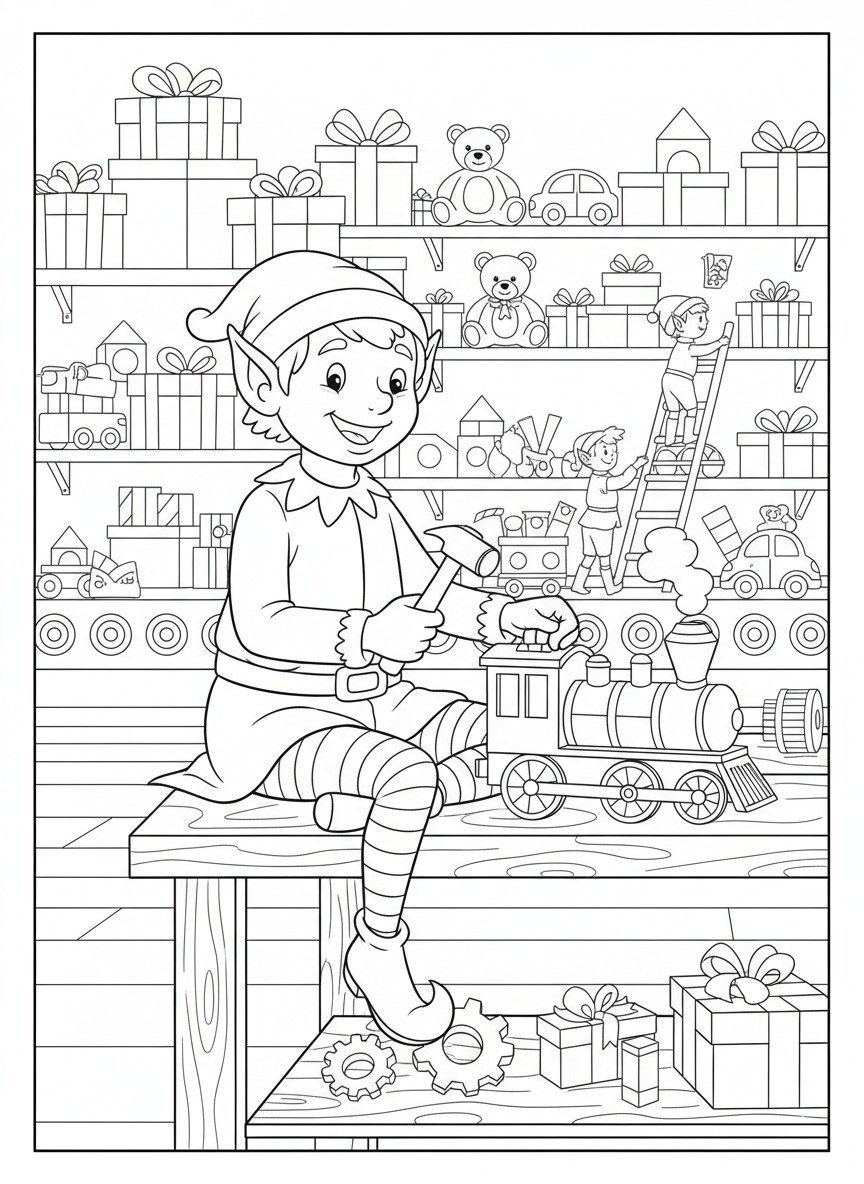 A cheerful elf building a toy train at a bustling toy factory filled with colorful gifts.