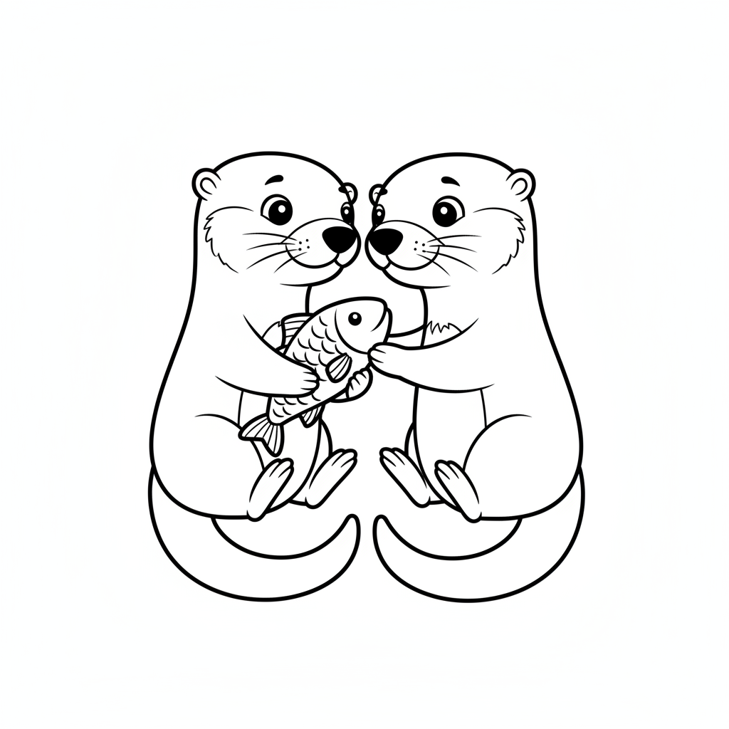 Otter couple sharing a fish, noses touching