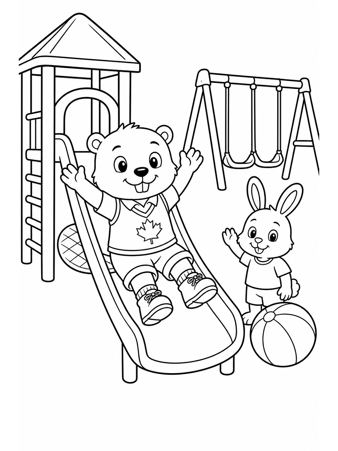 @maple playing joyfully at recess, sliding down a playground slide while the rabbit friend waves from beside a large ball, with a simple swing set in the background