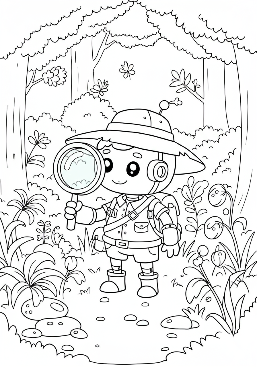 A tiny robot explorer with a magnifying glass discovering new plants in a magical forest.