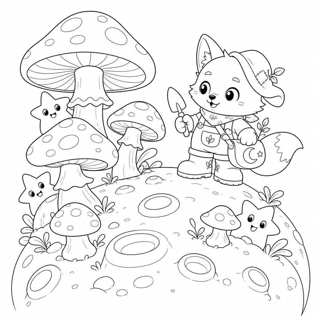 @milo discovering a planet with giant mushrooms and friendly giggling star creatures peeking out from behind them.