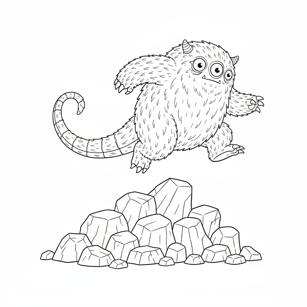 A furry monster with three eyes and a long tail, jumping over a pile of colorful rocks.